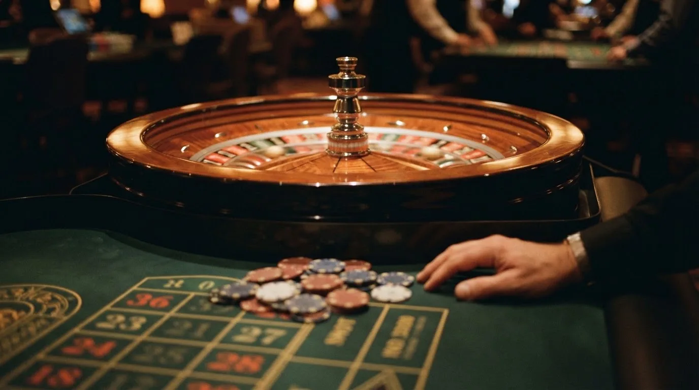Rulettehjul og sjetonger på grønn filt i varmt kveldslys — 10 kr casinoer i norge