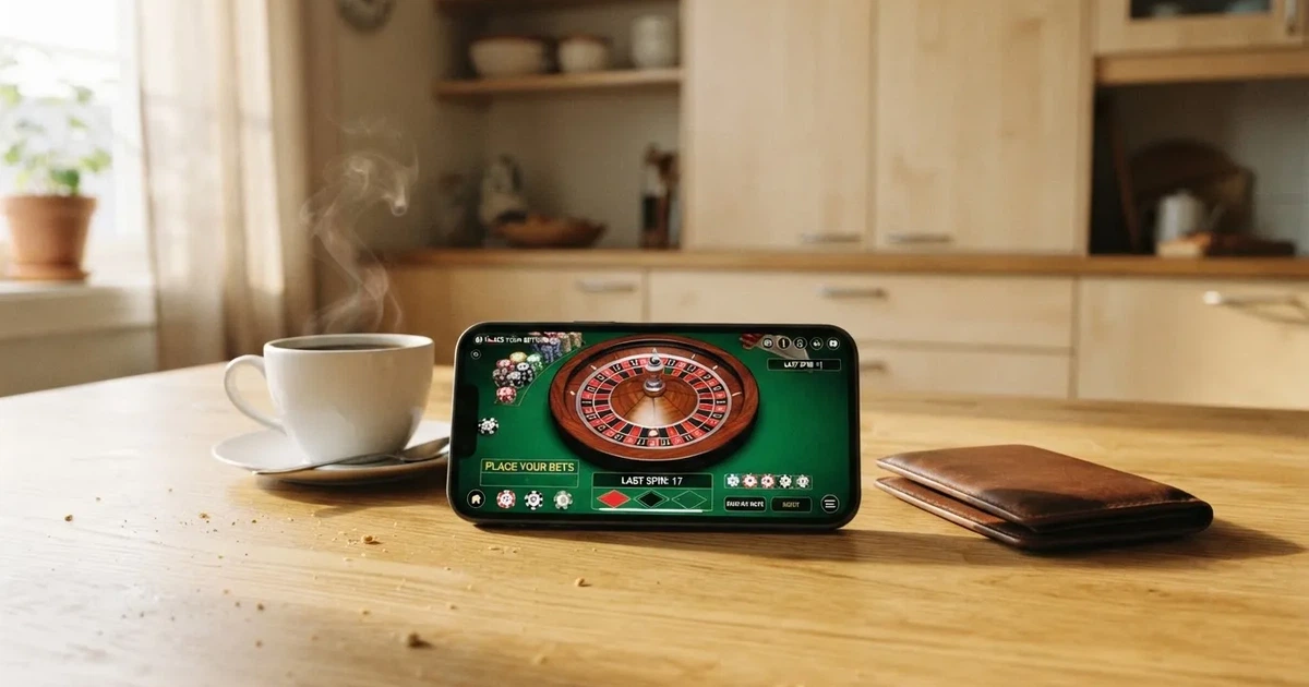 Mobiltelefon på et trebord ved siden av en lommebok og en kopp kaffe — 100 kr casinoer i norge