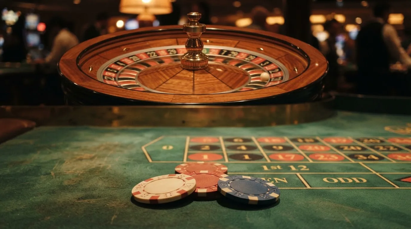 Rulettehjul og sjetonger på grønn filt i varmt kveldslys — 100 kr casinoer i norge