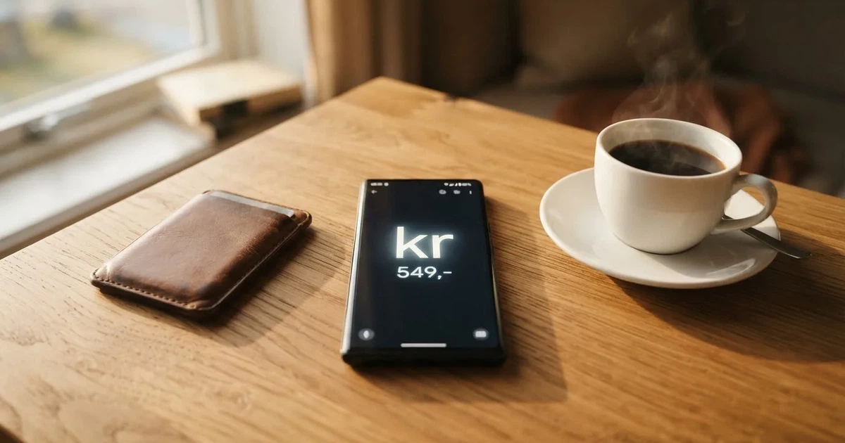 Mobiltelefon på et trebord ved siden av en lommebok og en kopp kaffe — 20 kr casinoer i norge