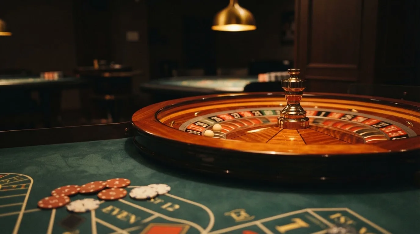 Rulettehjul og sjetonger på grønn filt i varmt kveldslys — 20 kr casinoer i norge