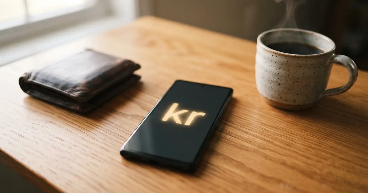 Mobiltelefon på et trebord ved siden av en lommebok og en kopp kaffe — 200 kr casinoer i norge
