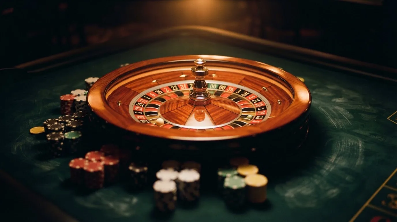 Rulettehjul og sjetonger på grønn filt i varmt kveldslys — 200 kr casinoer i norge