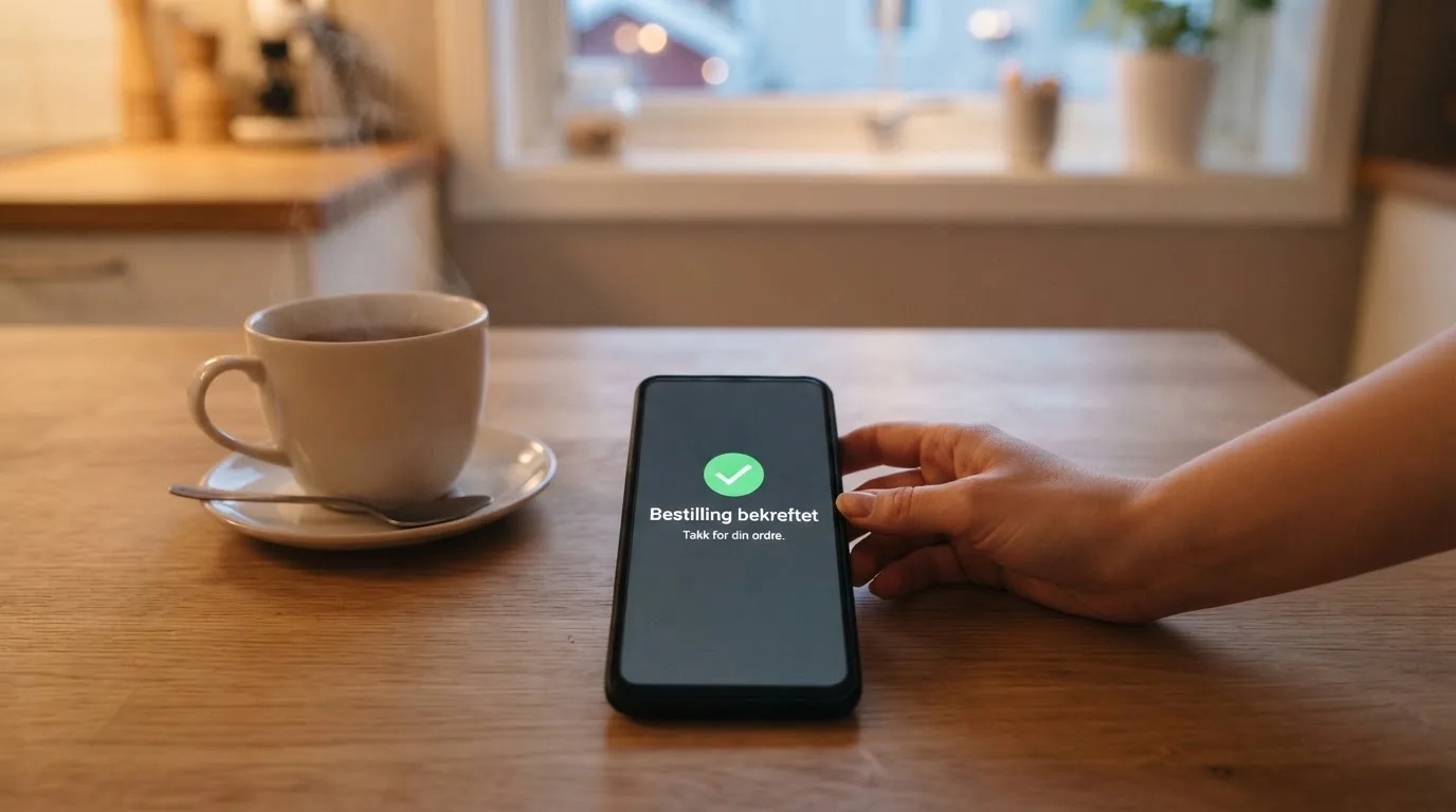 Hånd holder en mobiltelefon ved siden av en kopp te ved et kjøkkenbord en rolig kveld — alle kasinoer i norge