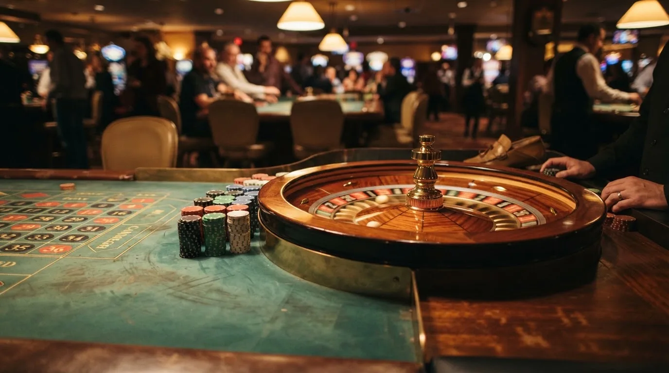 Rulettehjul og sjetonger på grønn filt i varmt kveldslys — anmeldelser av norske casinoer