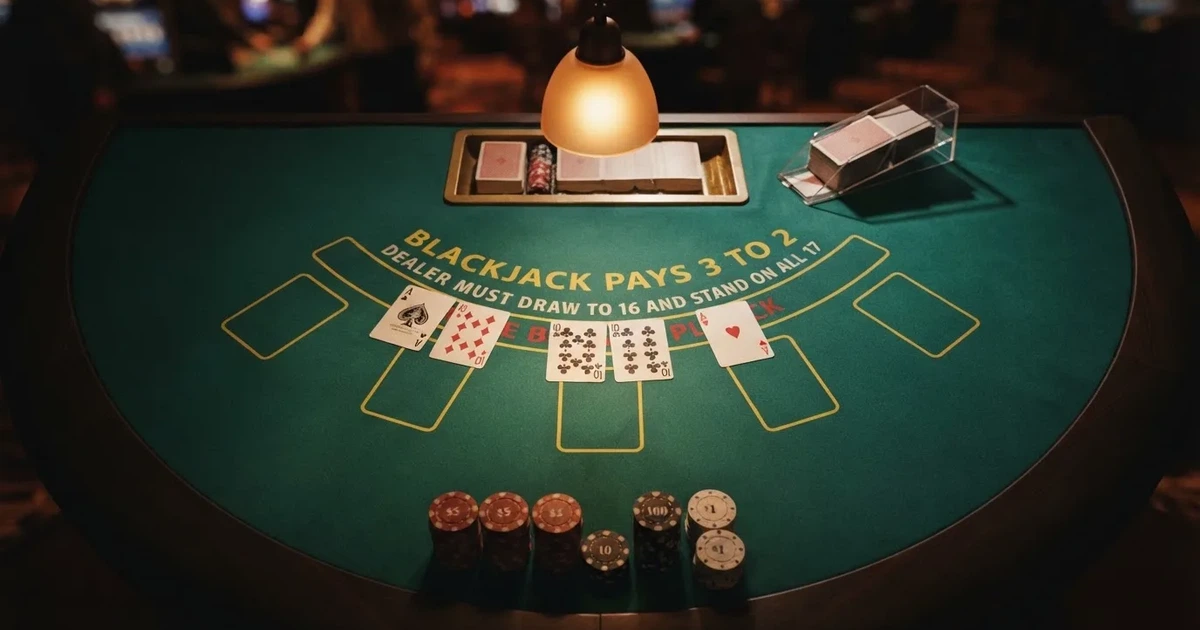 Opplyst spillebord med kort, sett ovenfra — beste blackjack i norge
