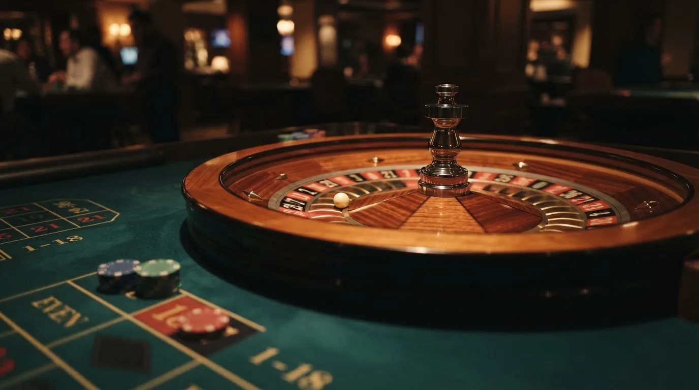 Rulettehjul og sjetonger på grønn filt i varmt kveldslys — beste blackjack i norge