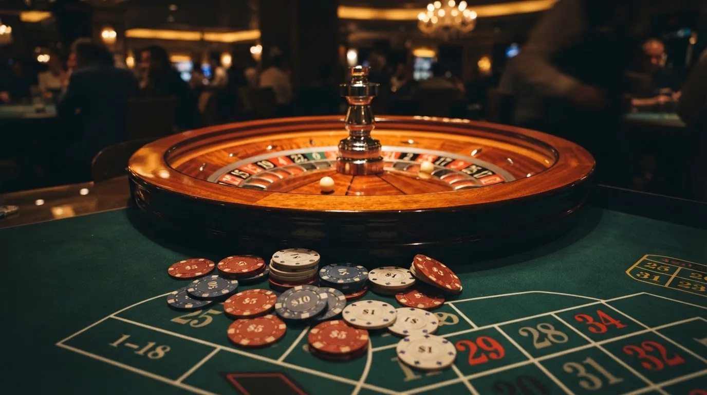 Rulettehjul og sjetonger på grønn filt i varmt kveldslys — beste bonuser på norske casinoer