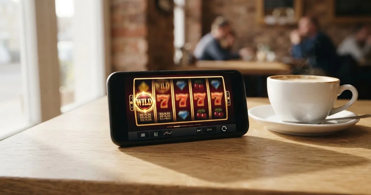 Hånd som holder en smarttelefon med mørk skjerm over et kafébord, kaffekopp ved siden av og dagslys fra et stort vindu