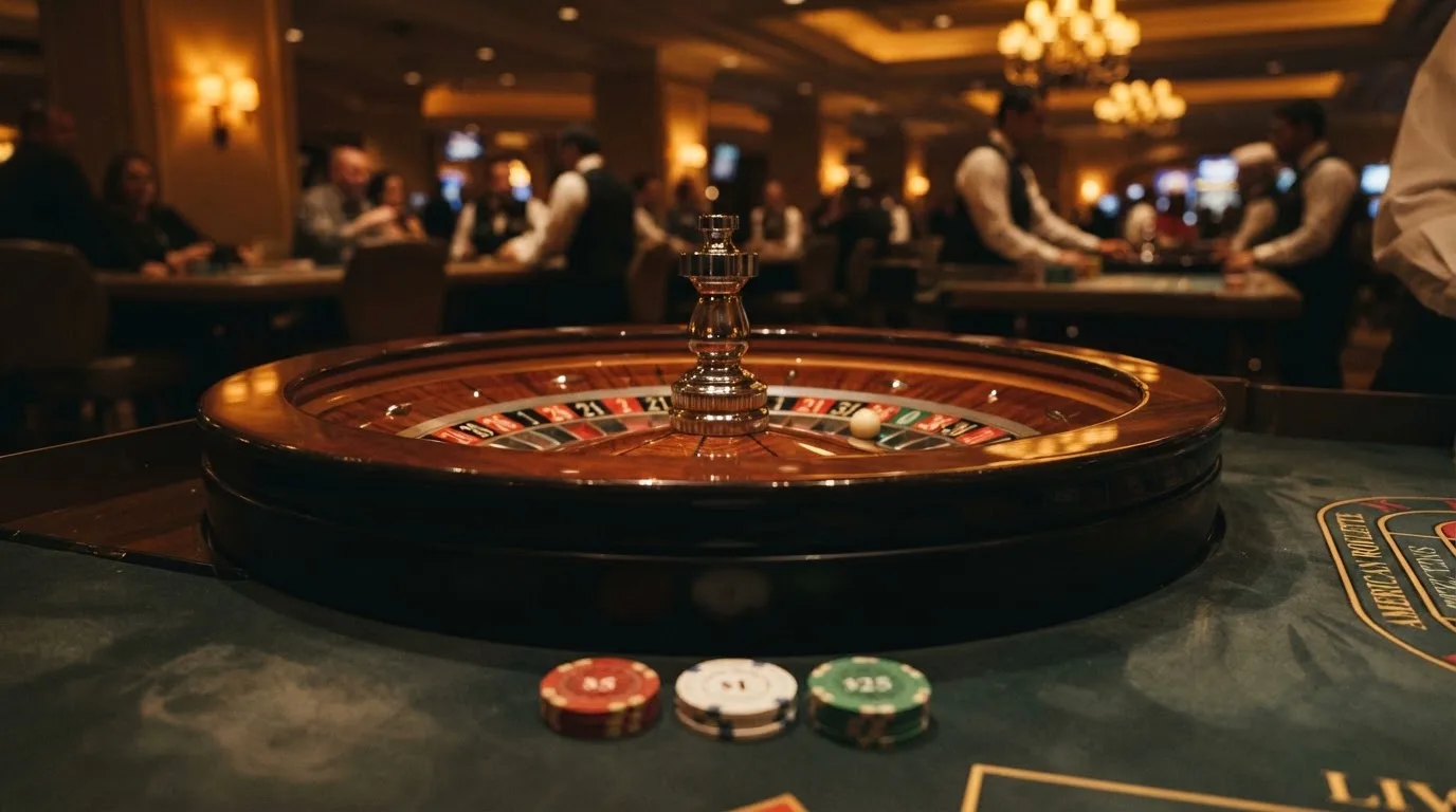Rulettehjul og sjetonger på grønn filt i varmt kveldslys — beste casino spilleautomater