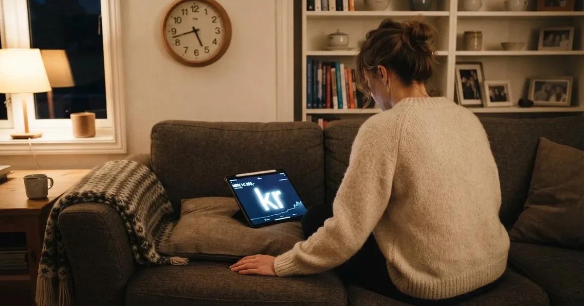Person i en sofa ser ettertenksomt på et nettbrett, en klokke på veggen bak — beste casinobonuser i norge