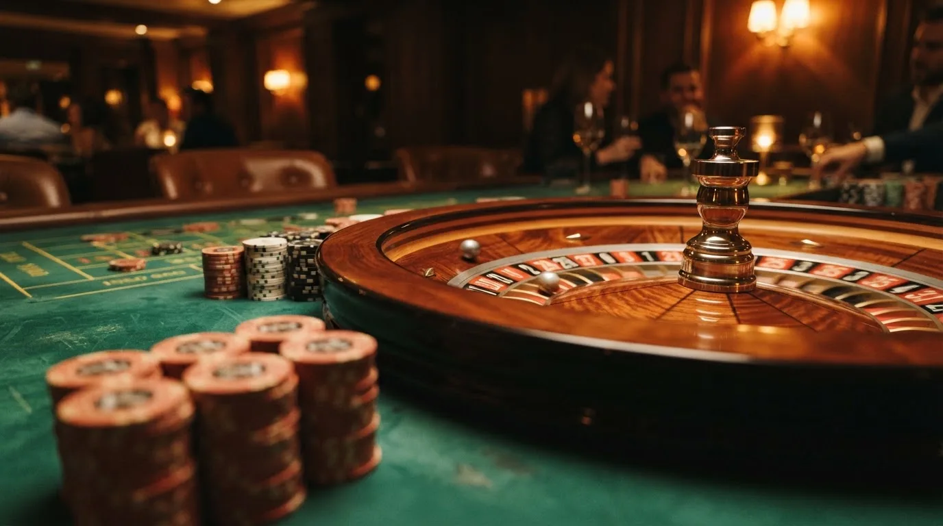 Rulettehjul og sjetonger på grønn filt i varmt kveldslys — beste casinobonuser i norge