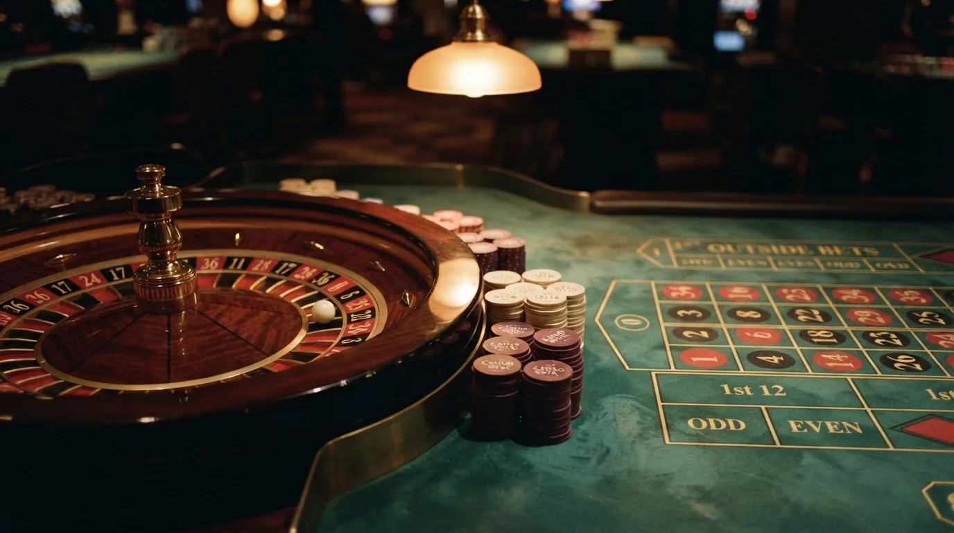 Rulettehjul og sjetonger på grønn filt i varmt kveldslys — beste casinoer med baccarat
