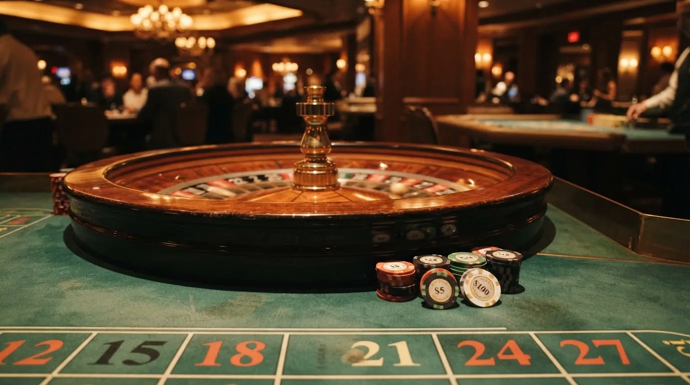 Rulettehjul og sjetonger på grønn filt i varmt kveldslys — beste casinoer med bingo