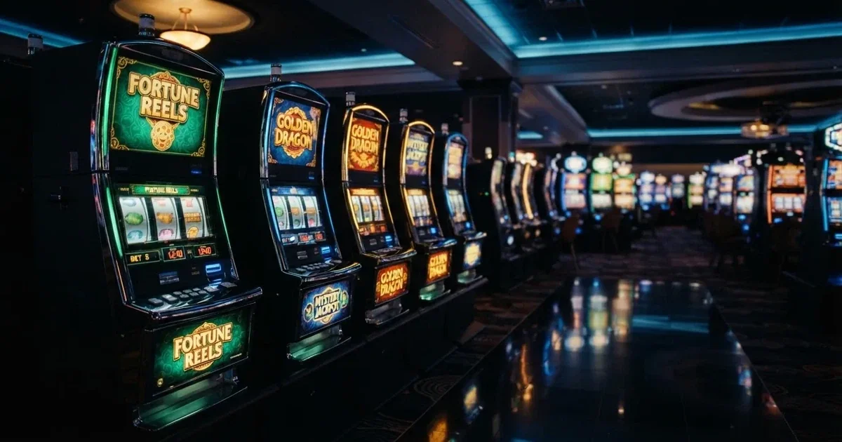 Rad med moderne spilleautomater i en dempet spillhall uten mennesker, fargede lys som speiler seg i et blankt gulv