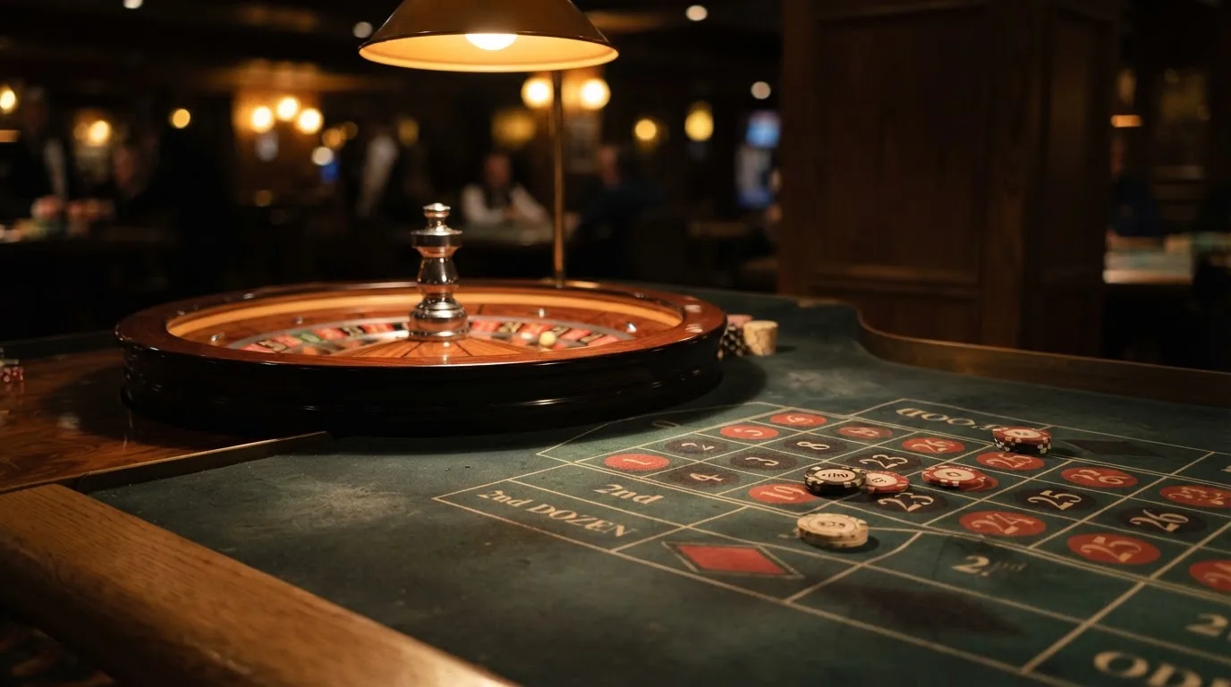 Rulettehjul og sjetonger på grønn filt i varmt kveldslys — beste utenlandske casinoer