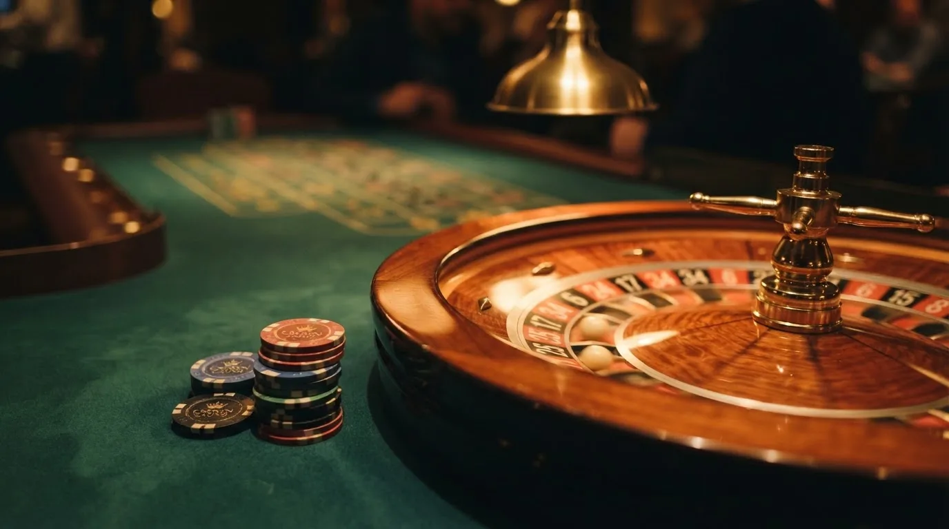Rulettehjul og sjetonger på grønn filt i varmt kveldslys — bonuser på nettcasino