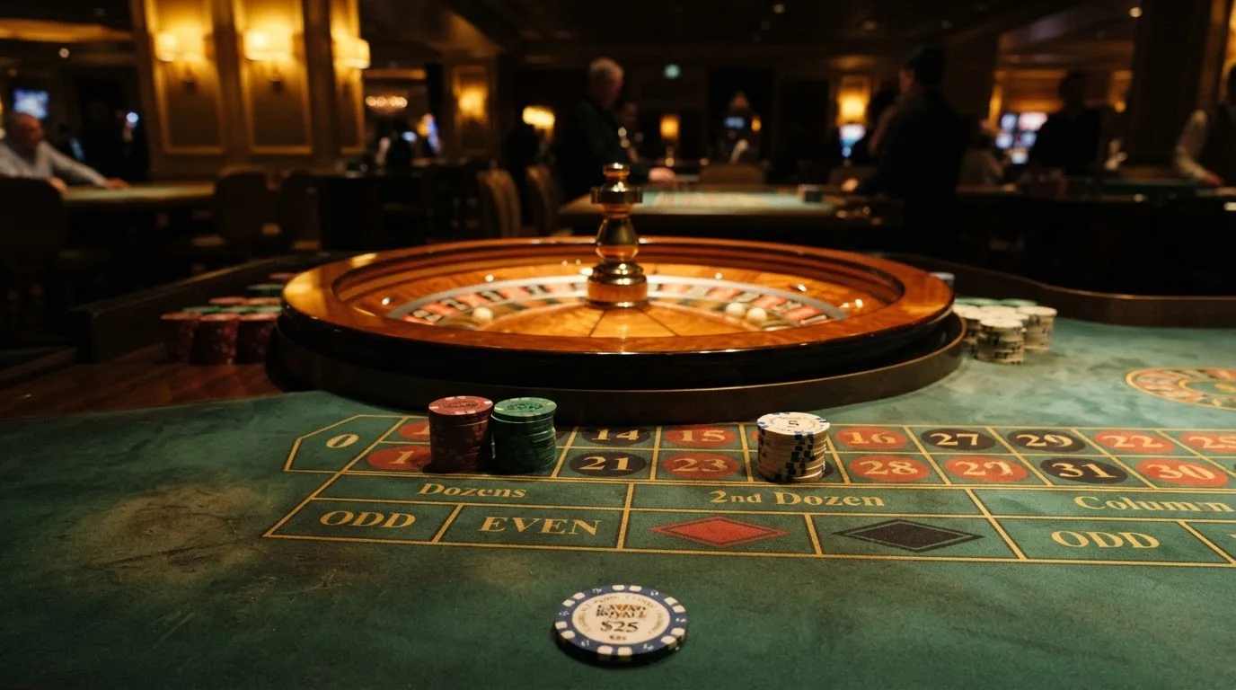 Rulettehjul og sjetonger på grønn filt i varmt kveldslys — casino slots in norway