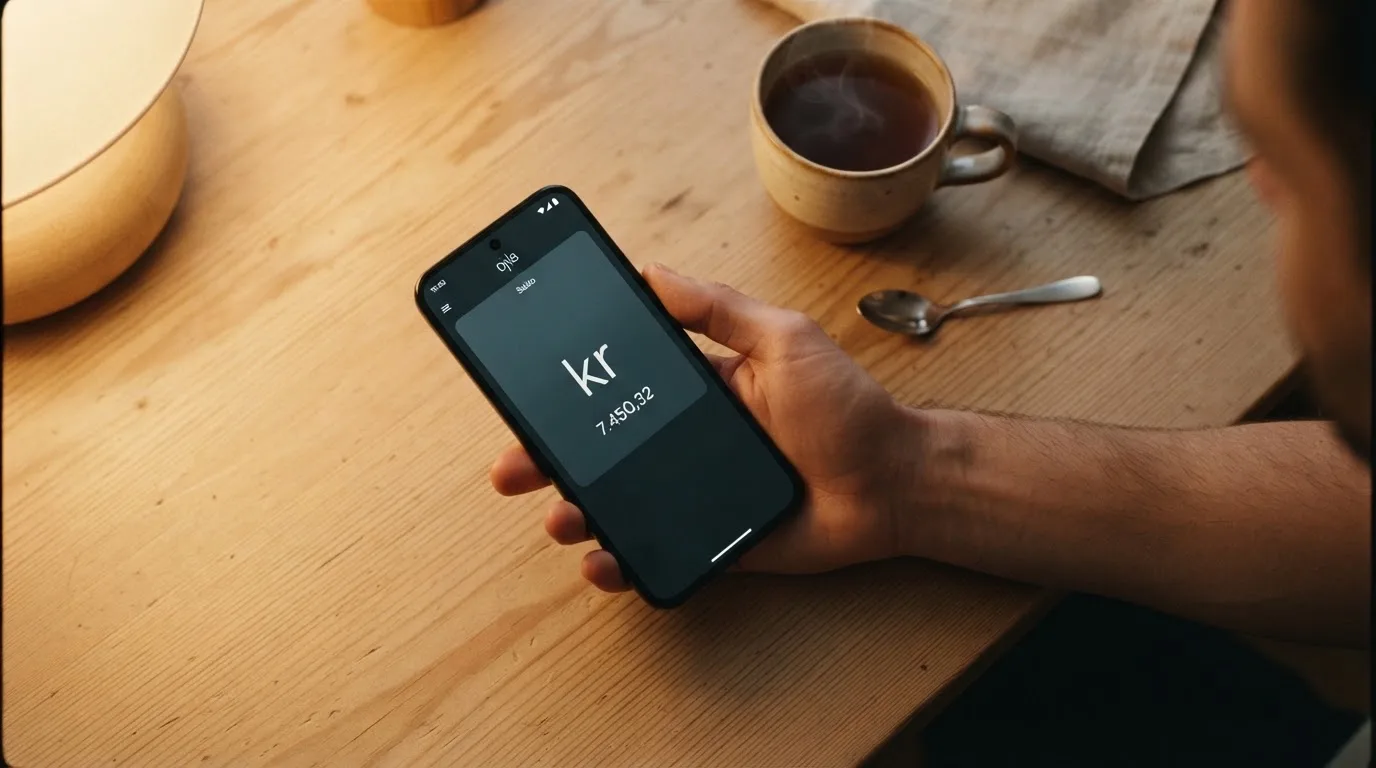 Hånd holder en mobiltelefon ved siden av en kopp te ved et kjøkkenbord en rolig kveld — casino tipping i norge