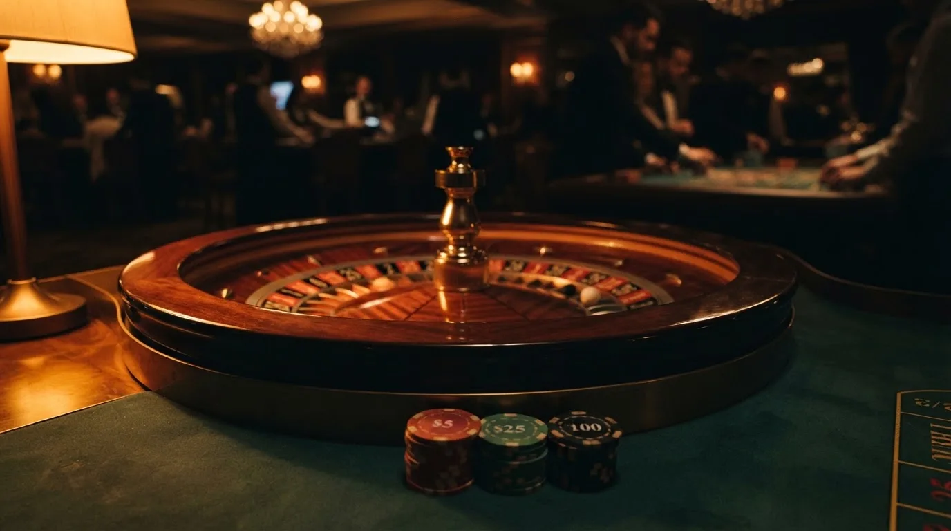 Rulettehjul og sjetonger på grønn filt i varmt kveldslys — casino tipping i norge
