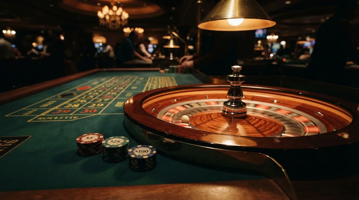 Rulettehjul og sjetonger på grønn filt i varmt kveldslys — casino uten lisens i norge
