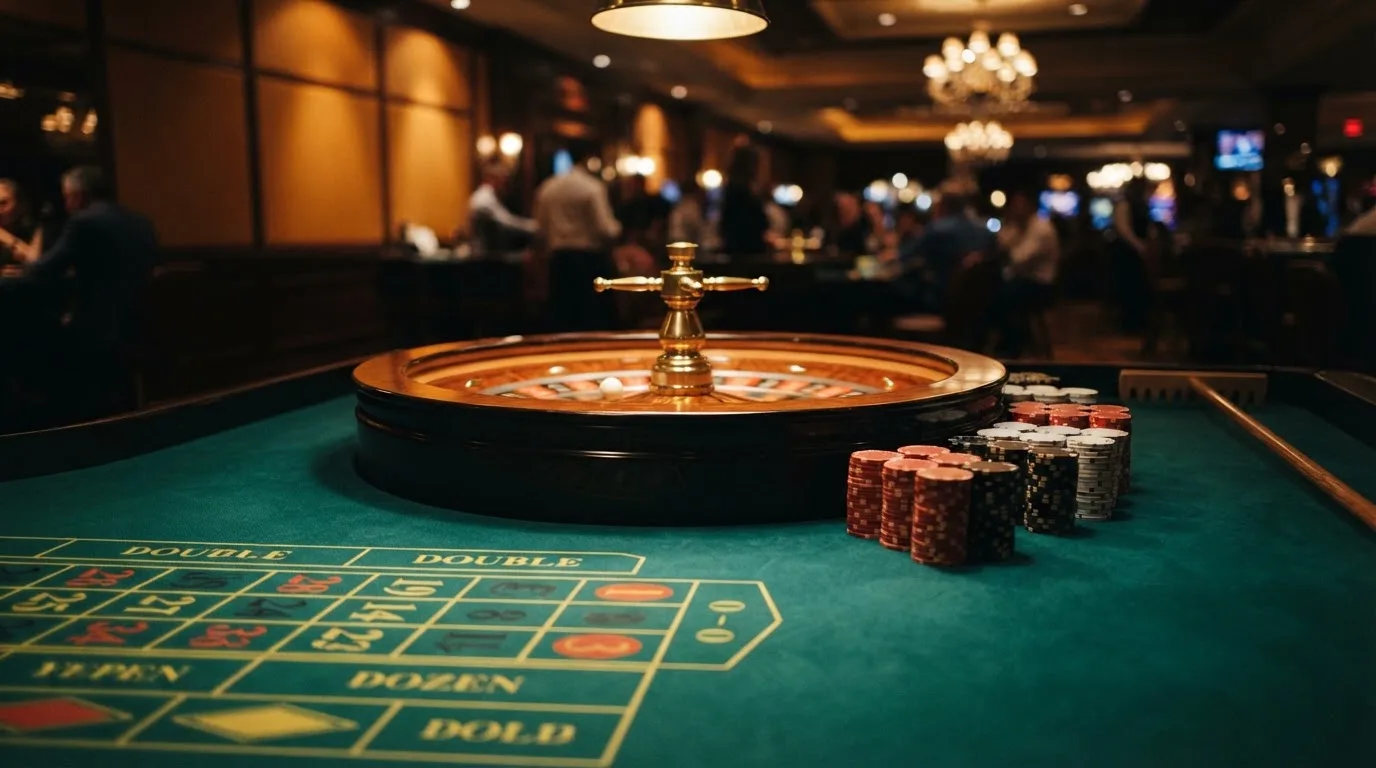 Rulettehjul og sjetonger på grønn filt i varmt kveldslys — casinoer med bitcoin i norge