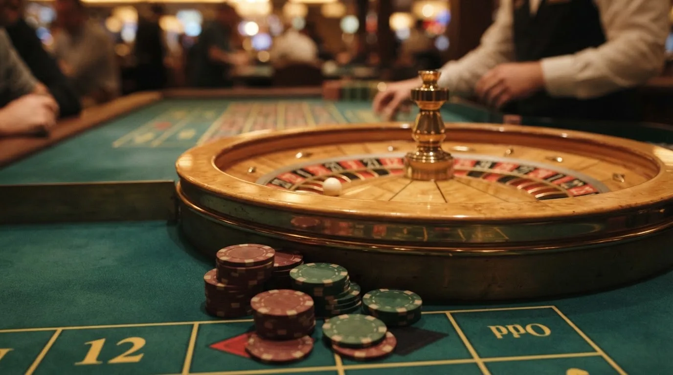Rulettehjul og sjetonger på grønn filt i varmt kveldslys — casinoer med dogecoin i norge