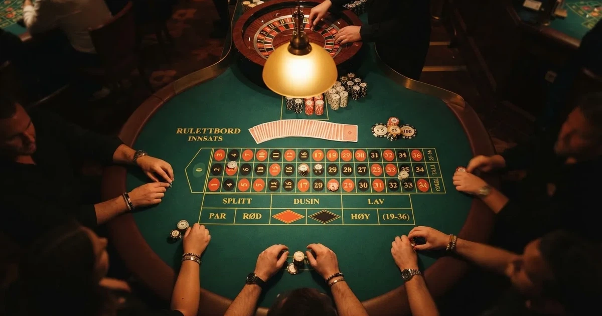 Opplyst spillebord med kort, sett ovenfra — live roulette in norway