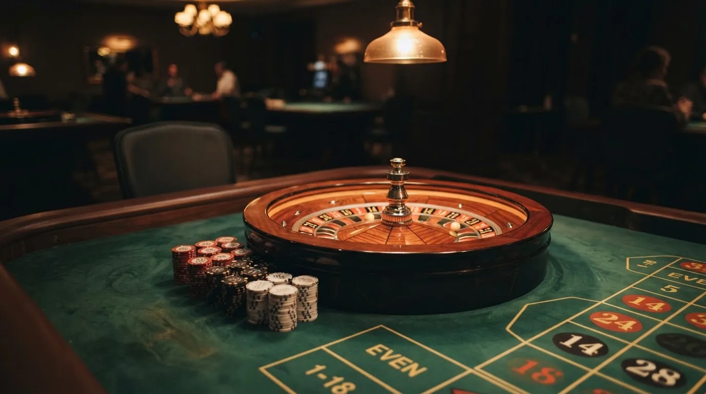 Rulettehjul og sjetonger på grønn filt i varmt kveldslys — live roulette in norway