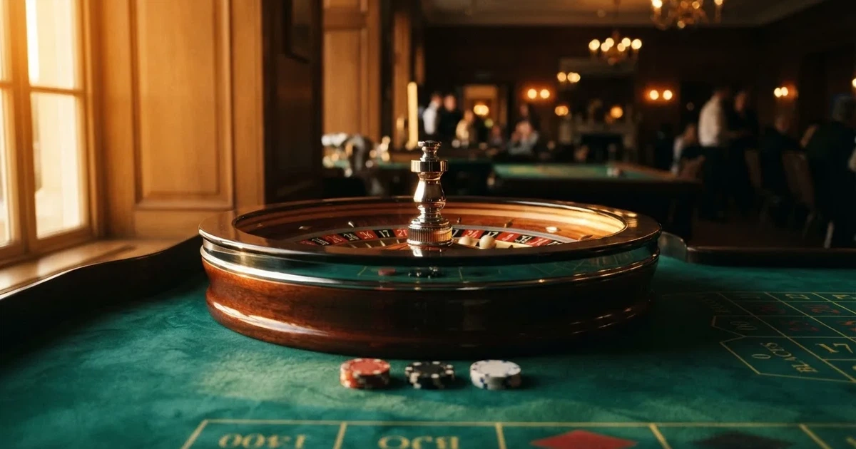 Rulettehjul og sjetonger på grønn filt i varmt kveldslys — norske casino gevinster