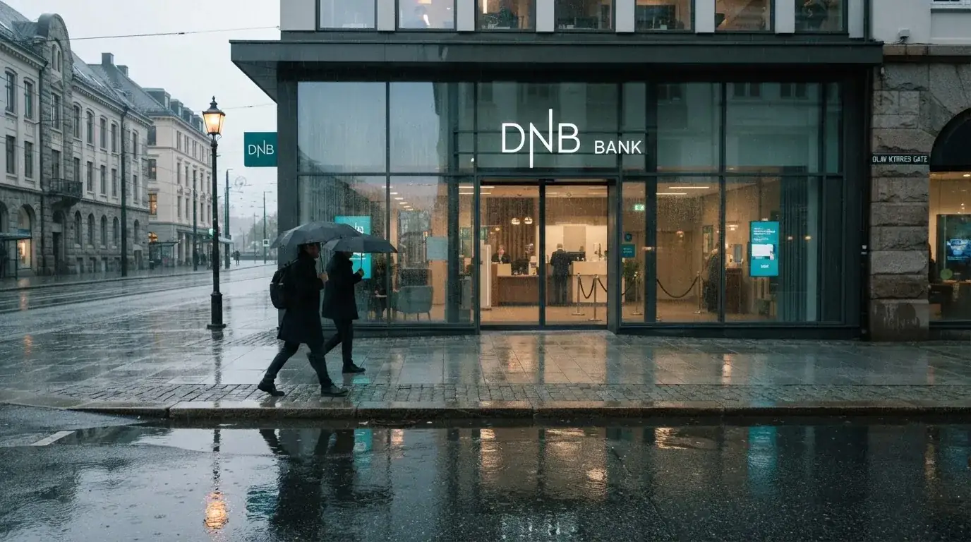Bankfilial med store vinduer i en norsk by i regnvær, noen med paraplyer utenfor