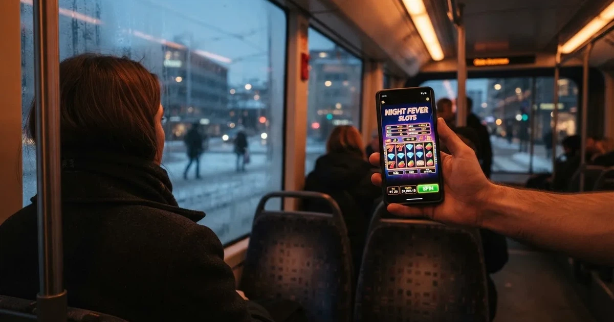 Mobiltelefon i hånden på trikken i Oslo en vinterkveld — norske casinoer på android