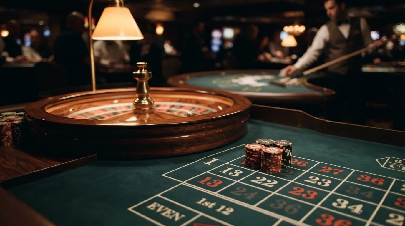 Rulettehjul og sjetonger på grønn filt i varmt kveldslys — norske casinoer på android