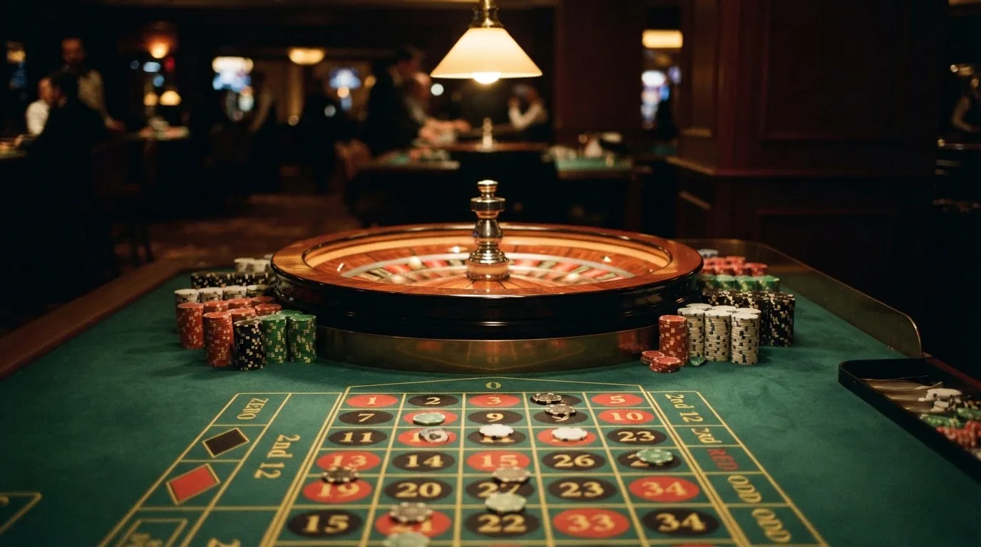 Rulettehjul og sjetonger på grønn filt i varmt kveldslys — norske casinoer på ios